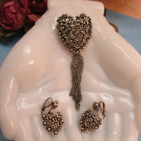 TORTOLANI Heart Brooch Earrings Set~Vintage STERLING Plate Floral Heart Jewelry - Picture 3 of 13